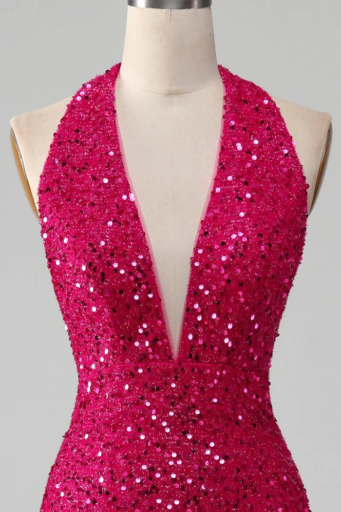 Dress Fuchsia Mermaid Halter Sequin Backless Party Dress With Slit Prom Dress