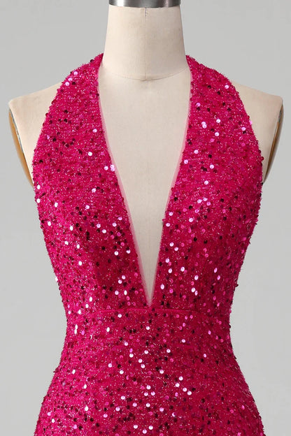 Dress Fuchsia Mermaid Halter Sequin Backless Party Dress With Slit Prom Dress