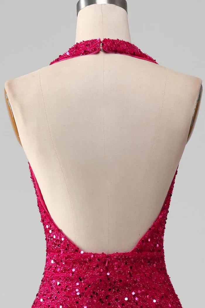 Dress Fuchsia Mermaid Halter Sequin Backless Party Dress With Slit Prom Dress