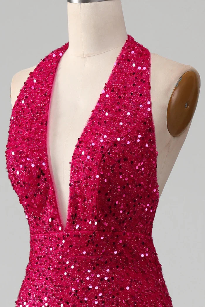 Dress Fuchsia Mermaid Halter Sequin Backless Party Dress With Slit Prom Dress