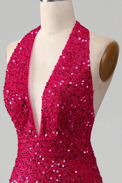 Dress Fuchsia Mermaid Halter Sequin Backless Party Dress With Slit Prom Dress