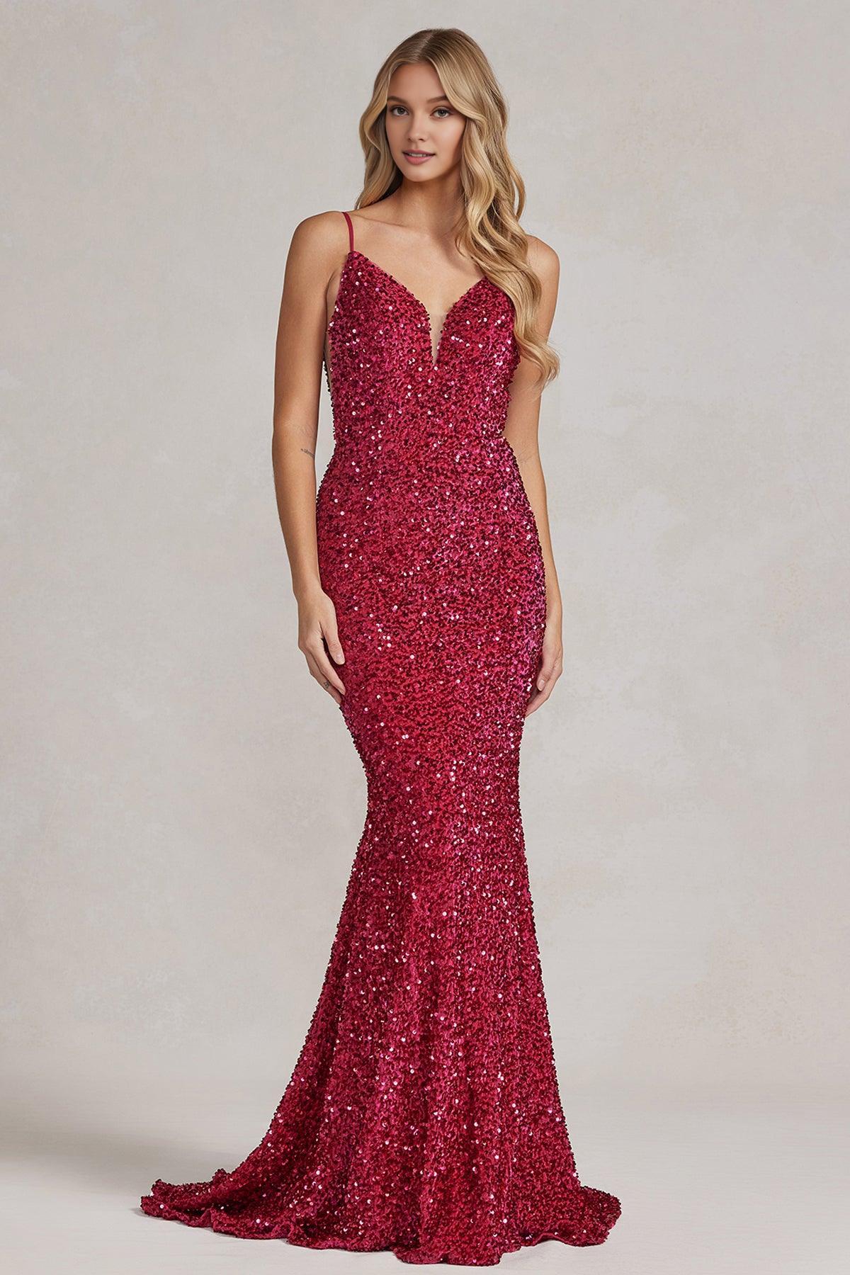 Dress Fuchsia Spaghetti Straps Sleeveless V Back V Neck Evening Dress Luxury Sequins Sweep/Brush Train Prom Dress