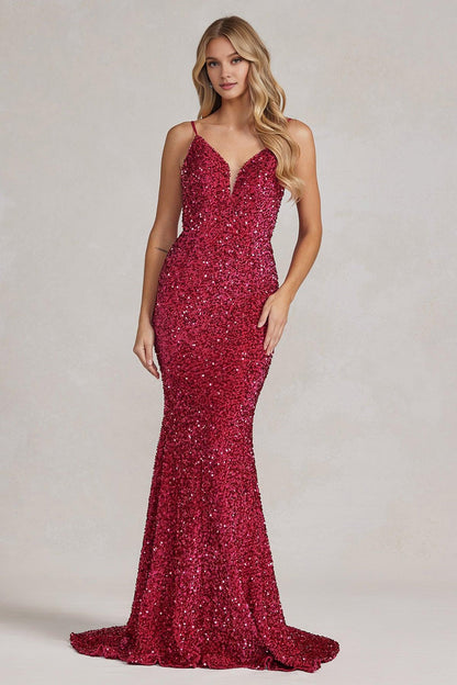 Dress Fuchsia Spaghetti Straps Sleeveless V Back V Neck Evening Dress Luxury Sequins Sweep/Brush Train Prom Dress