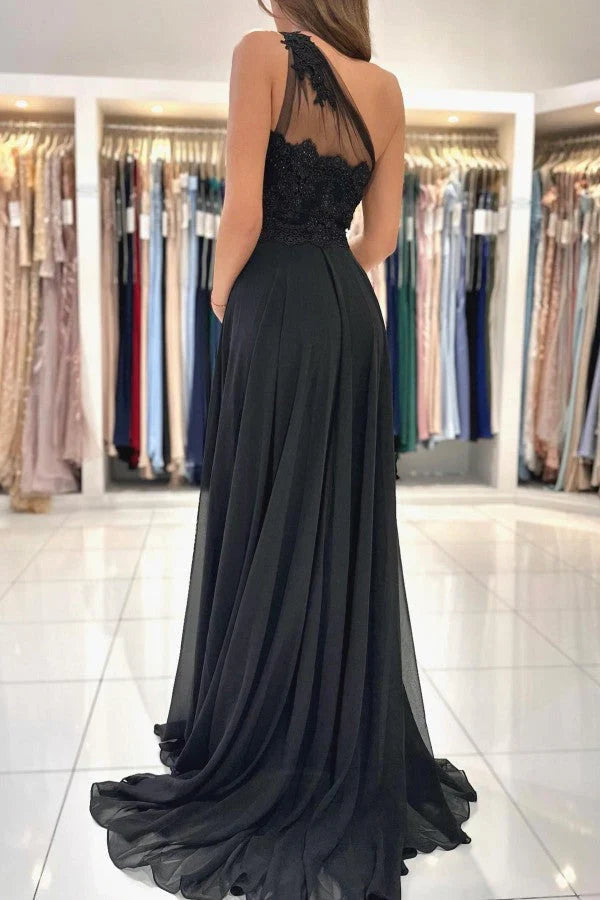 Dress Glamorous One Shoulder Black Party Dress A-Line With Lace Prom Dress