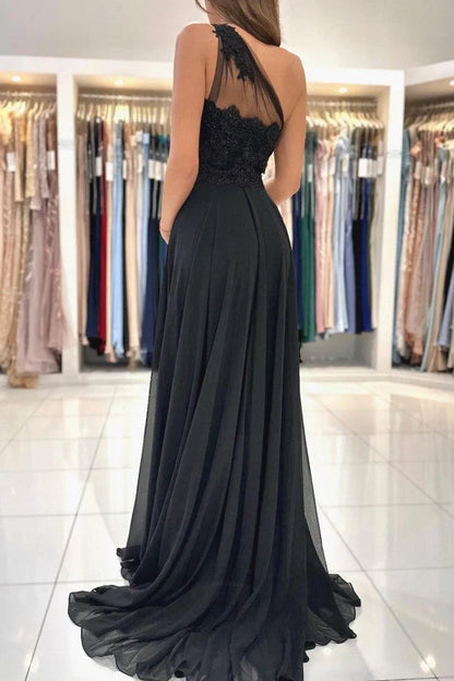 Dress Glamorous One Shoulder Black Party Dress A-Line With Lace Prom Dress