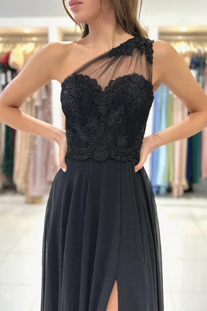 Dress Glamorous One Shoulder Black Party Dress A-Line With Lace Prom Dress