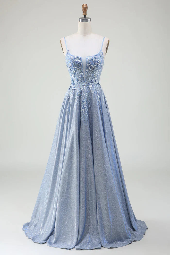 Dress Glitter A-Line Spaghetti Straps Grey Blue Party Dress Sleeveless Maxi Dress With Applique Prom Dress