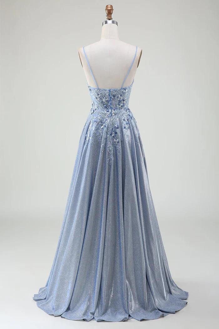 Dress Glitter A-Line Spaghetti Straps Grey Blue Party Dress Sleeveless Maxi Dress With Applique Prom Dress