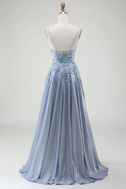 Dress Glitter A-Line Spaghetti Straps Grey Blue Party Dress Sleeveless Maxi Dress With Applique Prom Dress