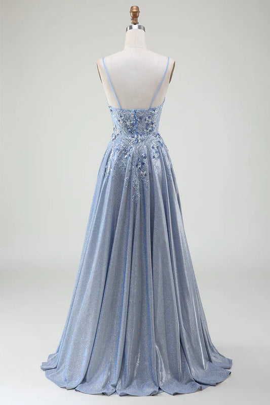 Dress Glitter A-Line Spaghetti Straps Grey Blue Party Dress Sleeveless Maxi Dress With Applique Prom Dress