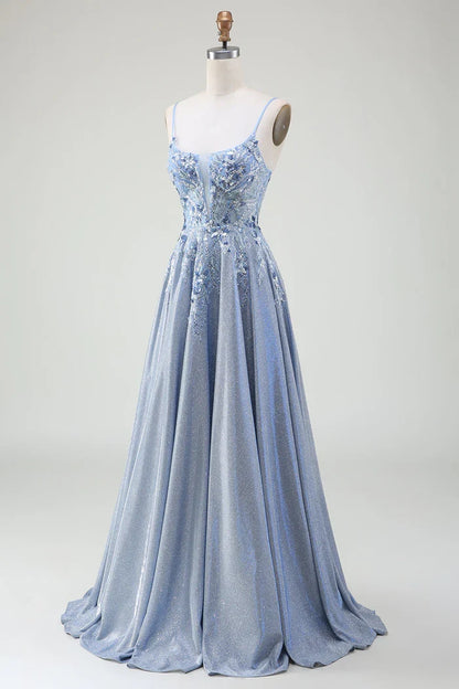 Dress Glitter A-Line Spaghetti Straps Grey Blue Party Dress Sleeveless Maxi Dress With Applique Prom Dress