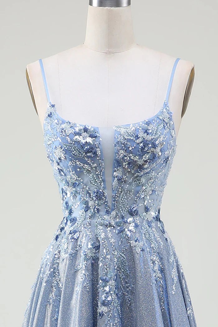 Dress Glitter A-Line Spaghetti Straps Grey Blue Party Dress Sleeveless Maxi Dress With Applique Prom Dress