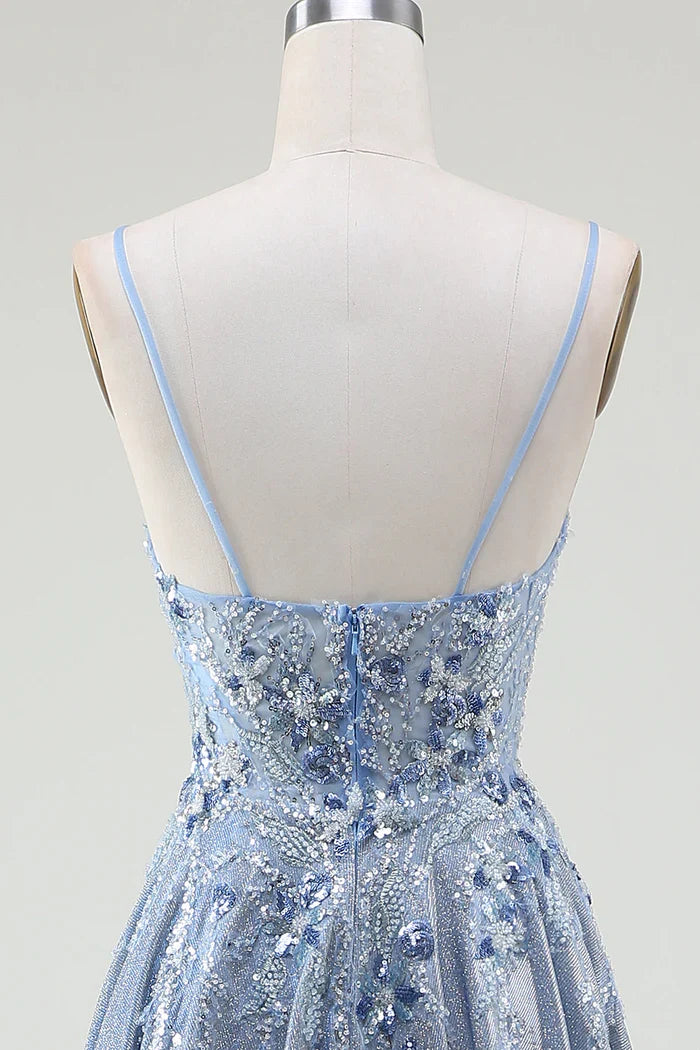 Dress Glitter A-Line Spaghetti Straps Grey Blue Party Dress Sleeveless Maxi Dress With Applique Prom Dress
