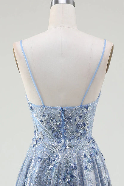 Dress Glitter A-Line Spaghetti Straps Grey Blue Party Dress Sleeveless Maxi Dress With Applique Prom Dress