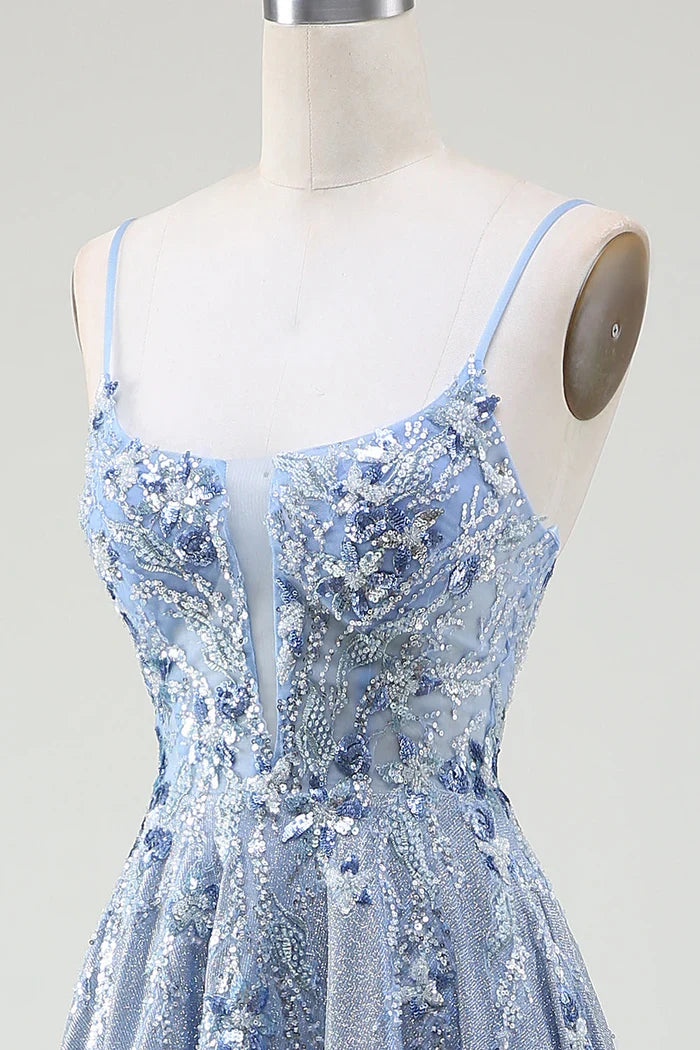 Dress Glitter A-Line Spaghetti Straps Grey Blue Party Dress Sleeveless Maxi Dress With Applique Prom Dress