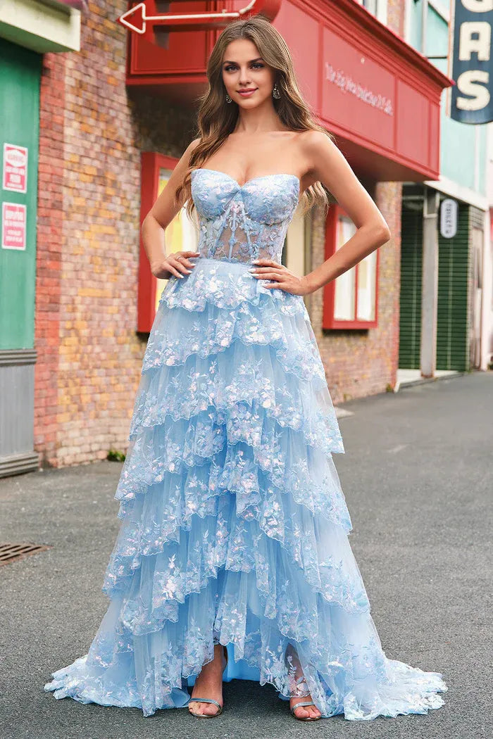 Dress Glitter Blue A Line Strapless Corset Tiered Maxi Dress Prom Dress With Sequin Evening Dress