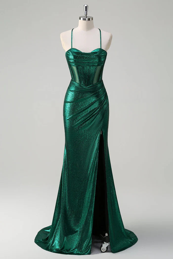 Dress Glitter Dark Green Mermaid Corset Ruched Metallic Maxi Dress Prom Dress Slit Sweep Brush Train Evening Dress