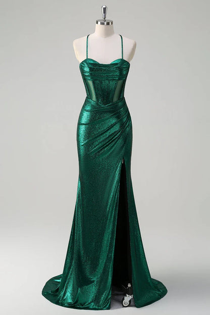 Dress Glitter Dark Green Mermaid Corset Ruched Metallic Maxi Dress Prom Dress Slit Sweep Brush Train Evening Dress