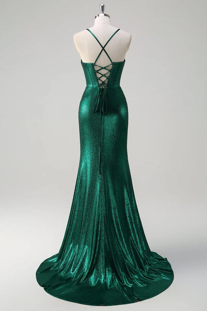 Dress Glitter Dark Green Mermaid Corset Ruched Metallic Maxi Dress Prom Dress Slit Sweep Brush Train Evening Dress