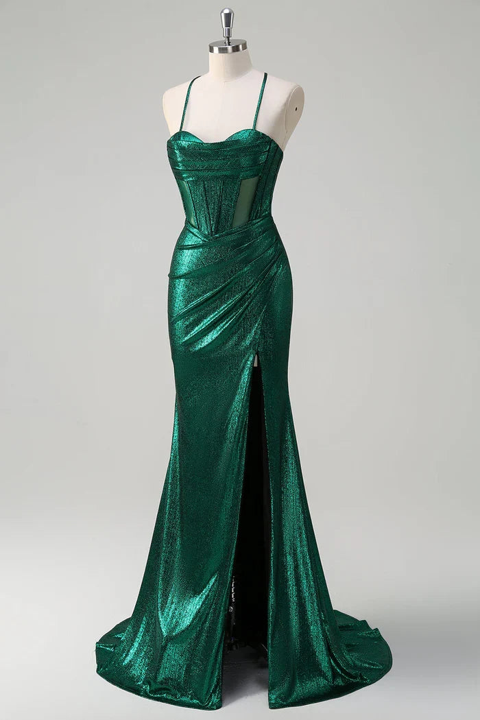Dress Glitter Dark Green Mermaid Corset Ruched Metallic Maxi Dress Prom Dress Slit Sweep Brush Train Evening Dress