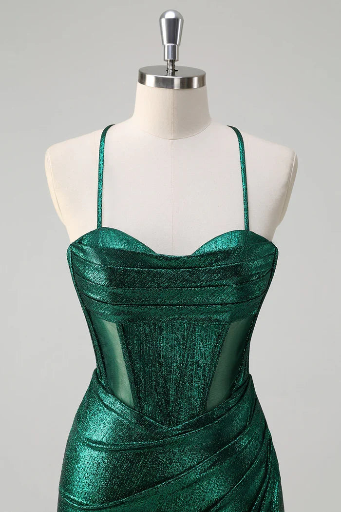 Dress Glitter Dark Green Mermaid Corset Ruched Metallic Maxi Dress Prom Dress Slit Sweep Brush Train Evening Dress
