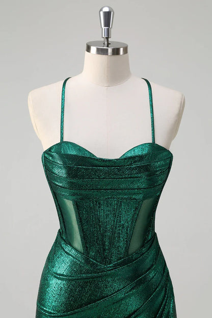 Dress Glitter Dark Green Mermaid Corset Ruched Metallic Maxi Dress Prom Dress Slit Sweep Brush Train Evening Dress
