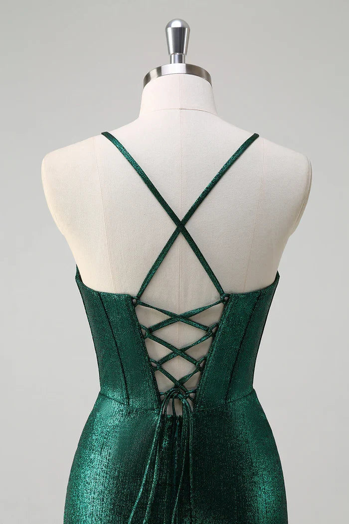 Dress Glitter Dark Green Mermaid Corset Ruched Metallic Maxi Dress Prom Dress Slit Sweep Brush Train Evening Dress