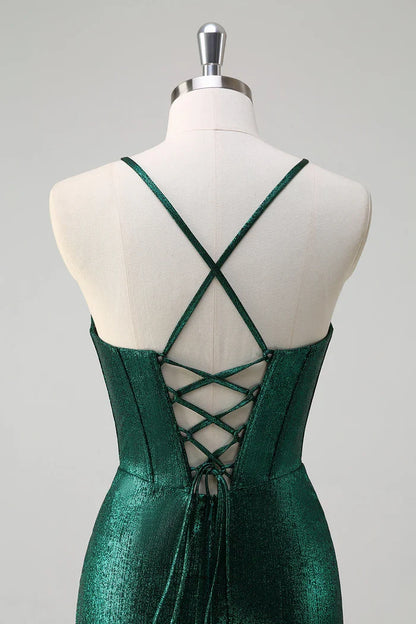 Dress Glitter Dark Green Mermaid Corset Ruched Metallic Maxi Dress Prom Dress Slit Sweep Brush Train Evening Dress