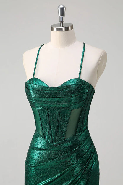 Dress Glitter Dark Green Mermaid Corset Ruched Metallic Maxi Dress Prom Dress Slit Sweep Brush Train Evening Dress