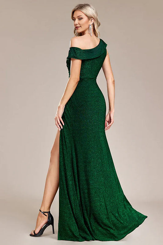 Dress Glitter Dark Green Mermaid One Shoulder Party Dress Maxi Dress With Slit Prom Dress