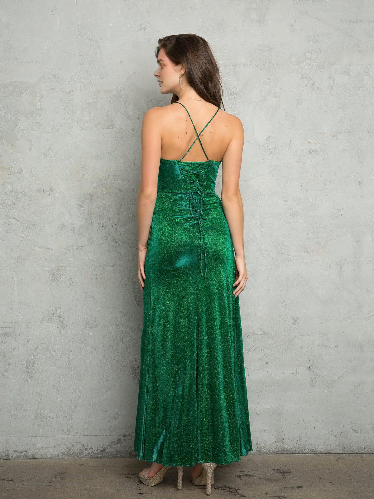 Dress Glitter Fitted Formal Dress Spaghetti Strap Lace Up Ruched/Pleats Prom Dress With Hight Slit