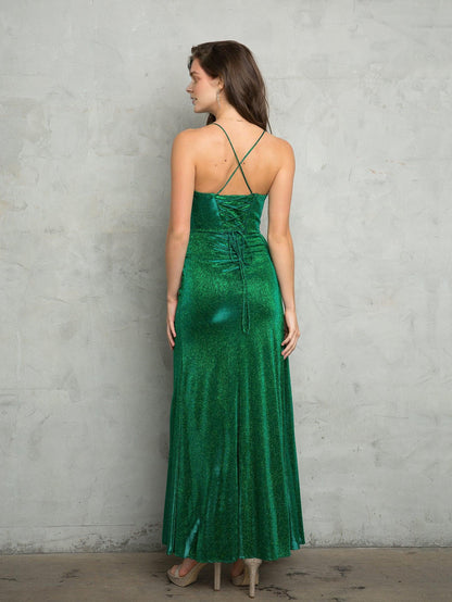 Dress Glitter Fitted Formal Dress Spaghetti Strap Lace Up Ruched/Pleats Prom Dress With Hight Slit