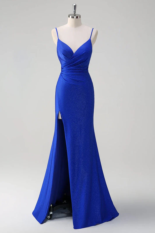 Dress Glitter Royal Blue Mermaid Spaghetti Straps Ruched Maxi Dress Prom Dress Slit Sweep Brush Train Evening Dress
