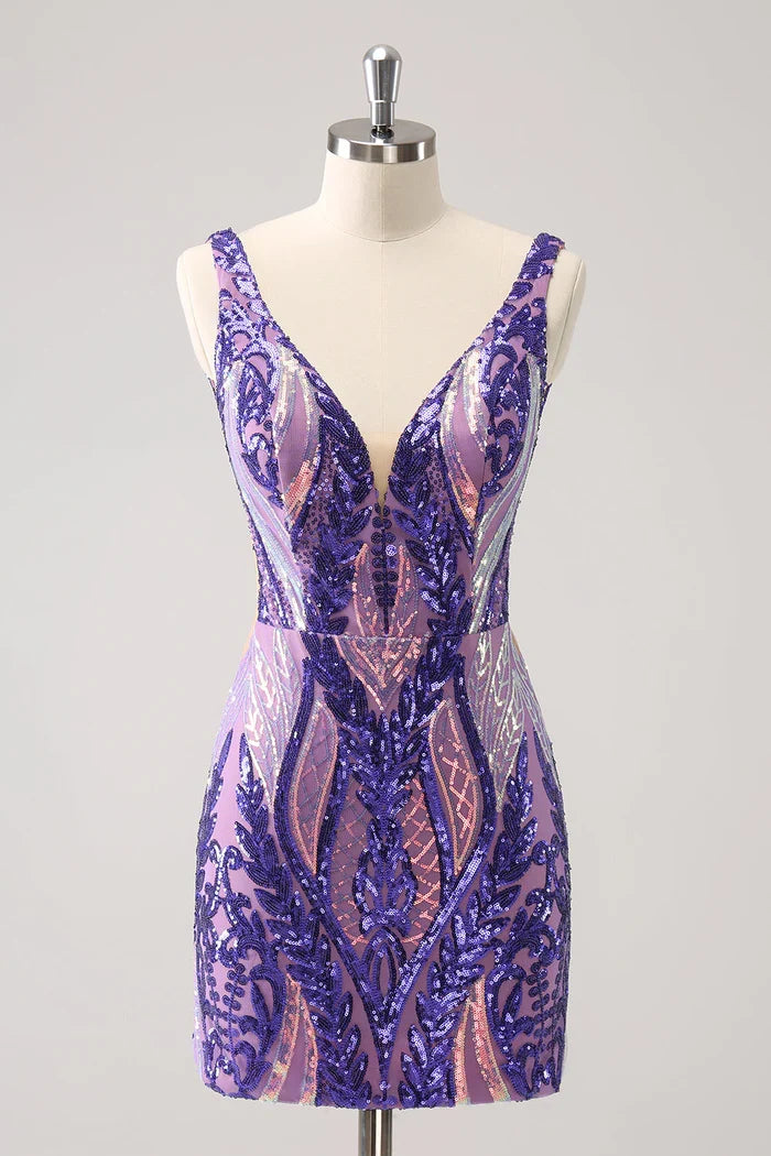Dress Glitter V Neck Tight Backless Short Homecoming Dress Sequins Open Back Party Dress