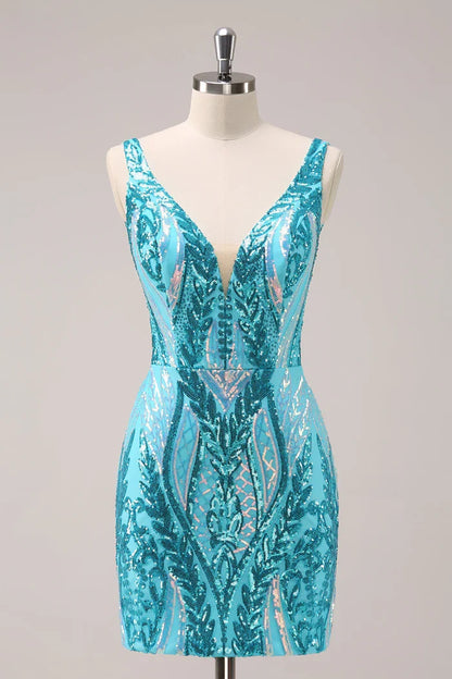 Dress Glitter V Neck Tight Backless Short Homecoming Dress Sequins Open Back Party Dress