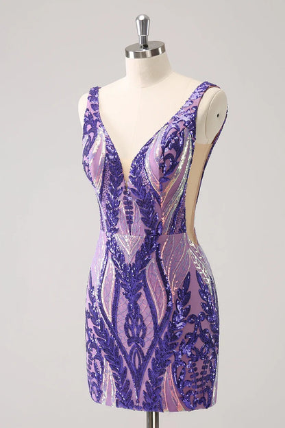 Dress Glitter V Neck Tight Backless Short Homecoming Dress Sequins Open Back Party Dress