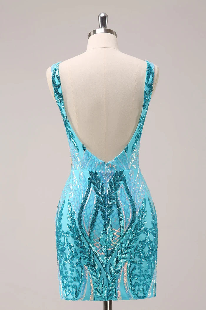 Dress Glitter V Neck Tight Backless Short Homecoming Dress Sequins Open Back Party Dress
