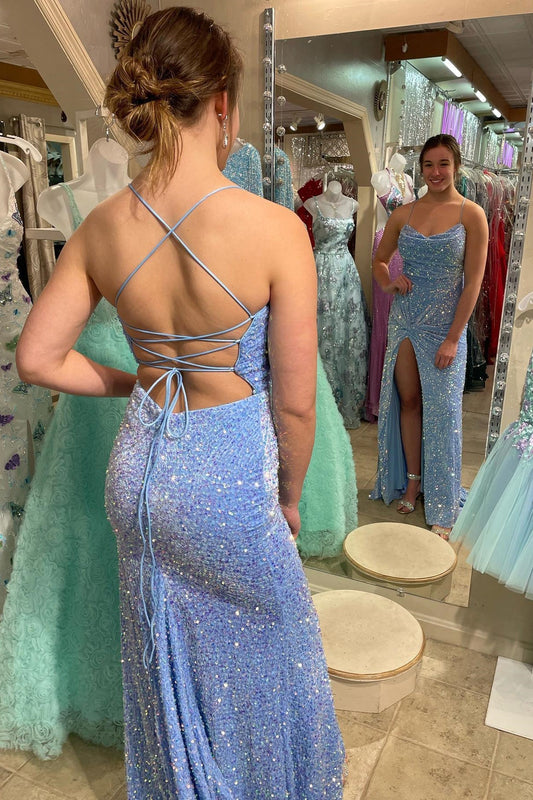 Dress Glitters Blue Sequin Cowl Neck Mermaid Formal Dress Maxi Dress Prom Dress
