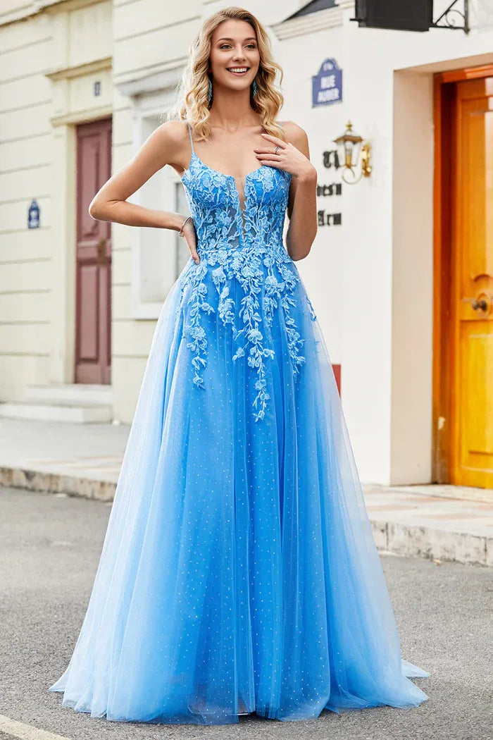 Dress Gorgeous A Line Spaghetti Straps Blue Party Dress Sleeveless Maxi Dress With Appliques Prom Dress