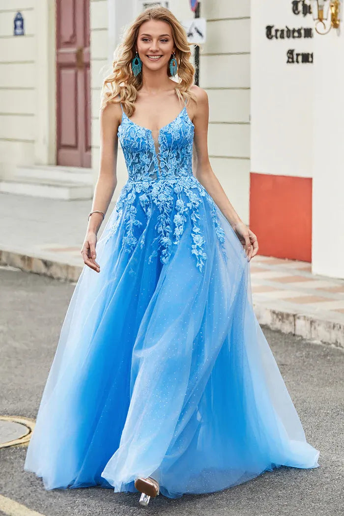 Dress Gorgeous A Line Spaghetti Straps Blue Party Dress Sleeveless Maxi Dress With Appliques Prom Dress