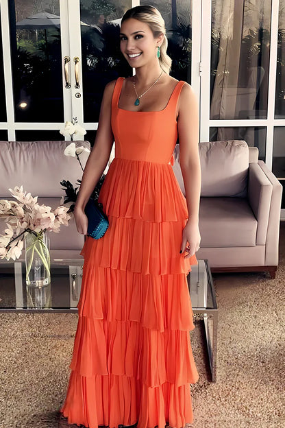 Dress Gorgeous A Line Square Neck Orange Long Prom Dress with Ruffles