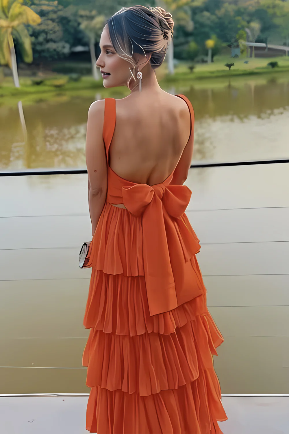 Dress Gorgeous A Line Square Neck Orange Long Prom Dress with Ruffles