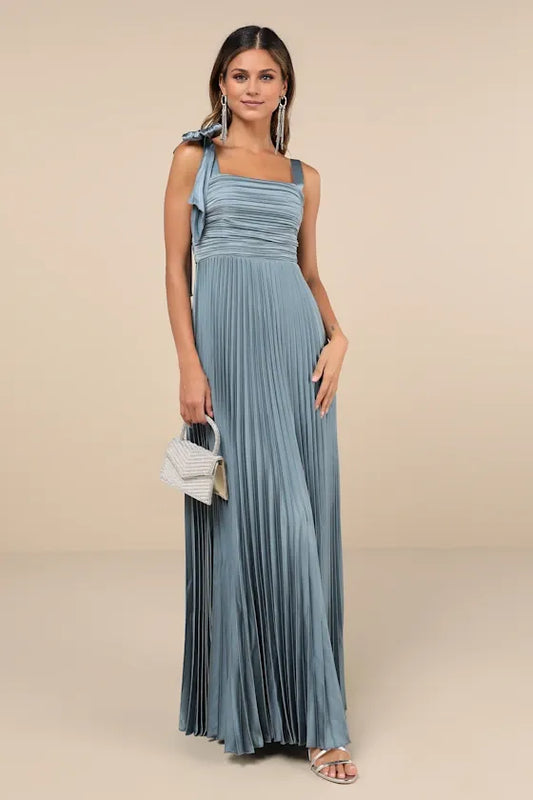 Dress Gorgeous Satin Pleated Sleeveless Bow Maxi Dress Evening Dress A-line Sleeveless Square Neck Prom Dress