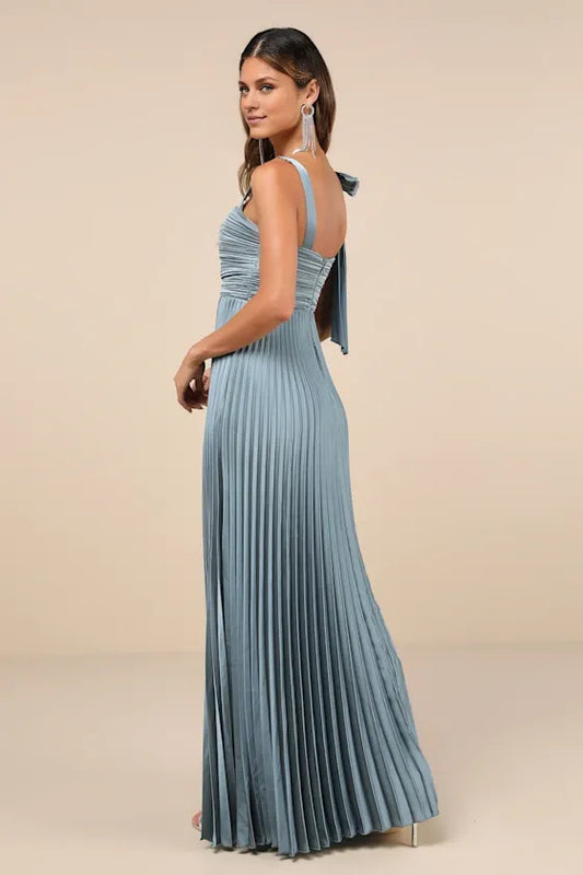 Dress Gorgeous Satin Pleated Sleeveless Bow Maxi Dress Evening Dress A-line Sleeveless Square Neck Prom Dress