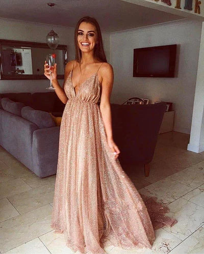 Dress Gorgeous Sequins A-line Long Prom Gowns New Arrival Spaghetti Straps V-neck Evening Dress Party Dress