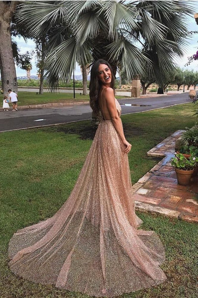 Dress Gorgeous Sequins A-line Long Prom Gowns New Arrival Spaghetti Straps V-neck Evening Dress Party Dress