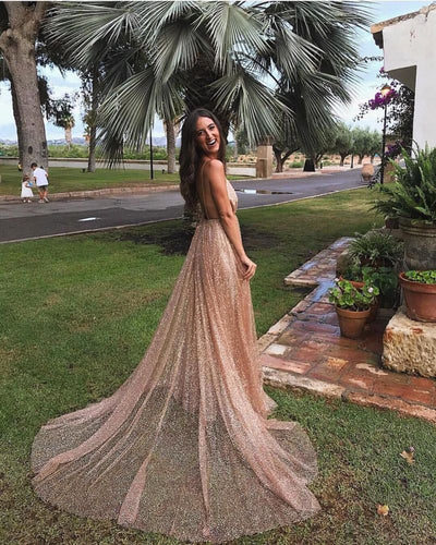 Dress Gorgeous Sequins A-line Long Prom Gowns New Arrival Spaghetti Straps V-neck Evening Dress Party Dress
