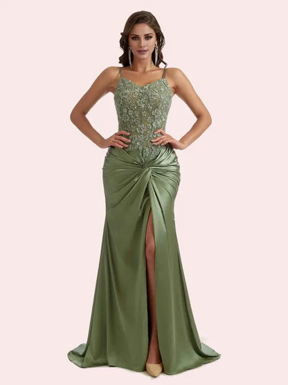 Dress Gorgeous V Neck Lace Appliques Mermaid Pleats Front Slit Soft Satin Maxi Dress Bridesmaid Dress For Prom Dress