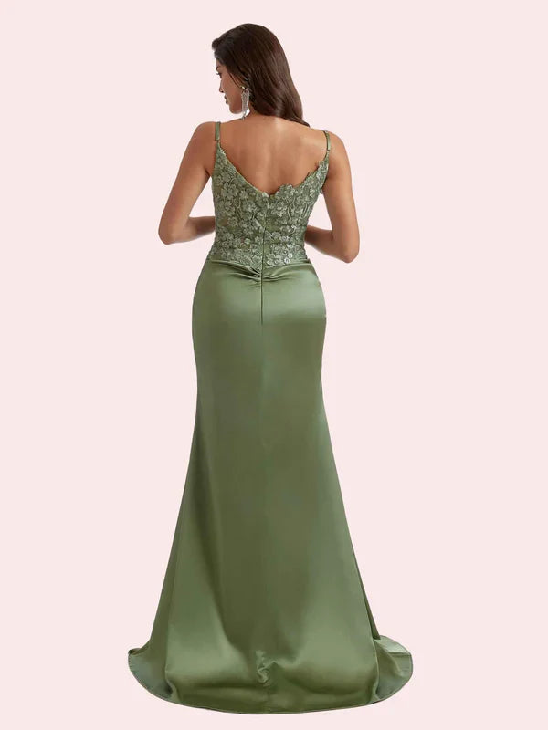 Dress Gorgeous V Neck Lace Appliques Mermaid Pleats Front Slit Soft Satin Maxi Dress Bridesmaid Dress For Prom Dress