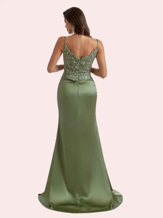 Dress Gorgeous V Neck Lace Appliques Mermaid Pleats Front Slit Soft Satin Maxi Dress Bridesmaid Dress For Prom Dress